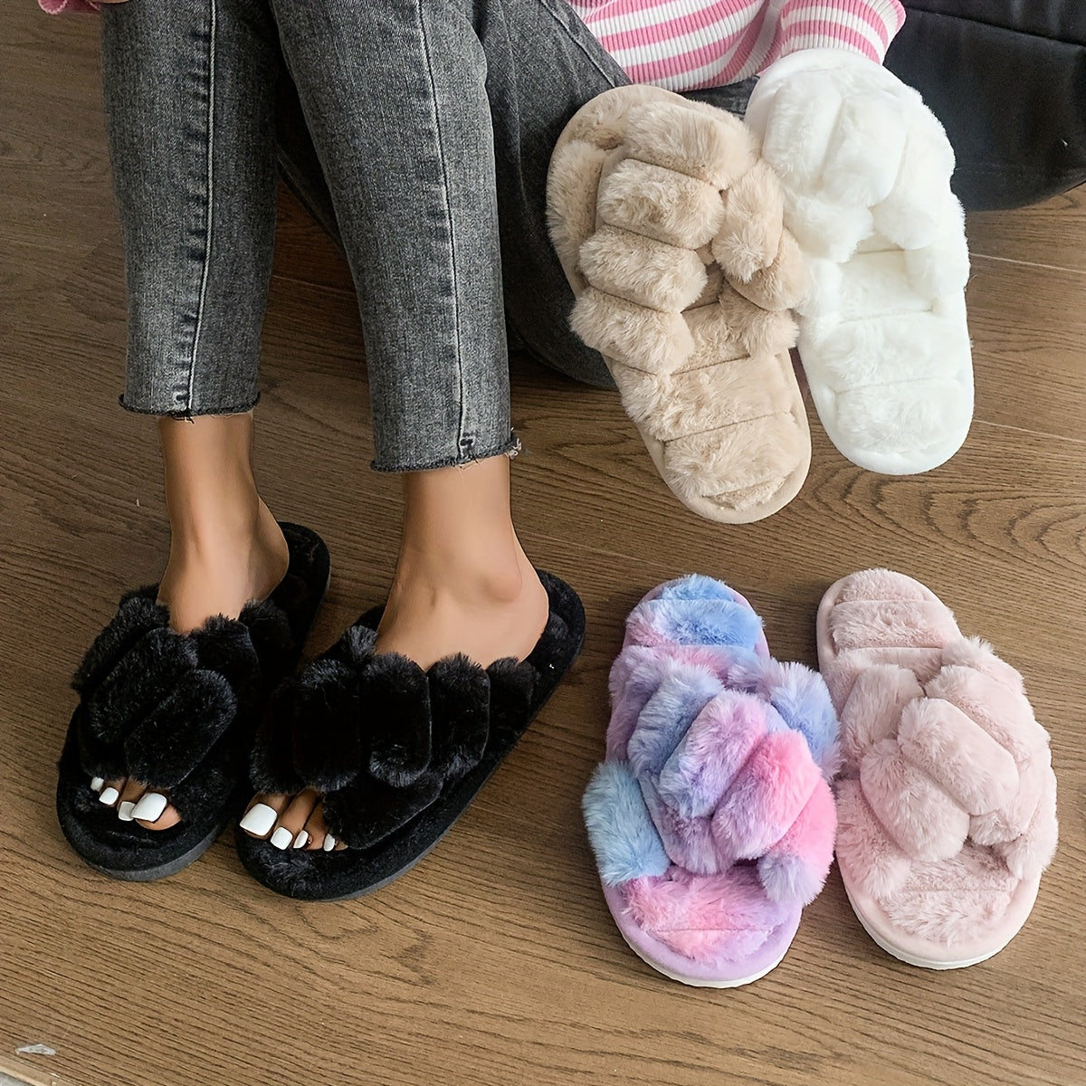 Cozy Plush Women’s Slippers - Soft, Warm, and Comfortable Indoor/Outdoor Shoes with Fluffy -Colored Design, Perfect for Home or Travel, Available in 5 Stylish Colors, Casual Wear | Stylish Slipon Shoes | Durable EVA Sole, L